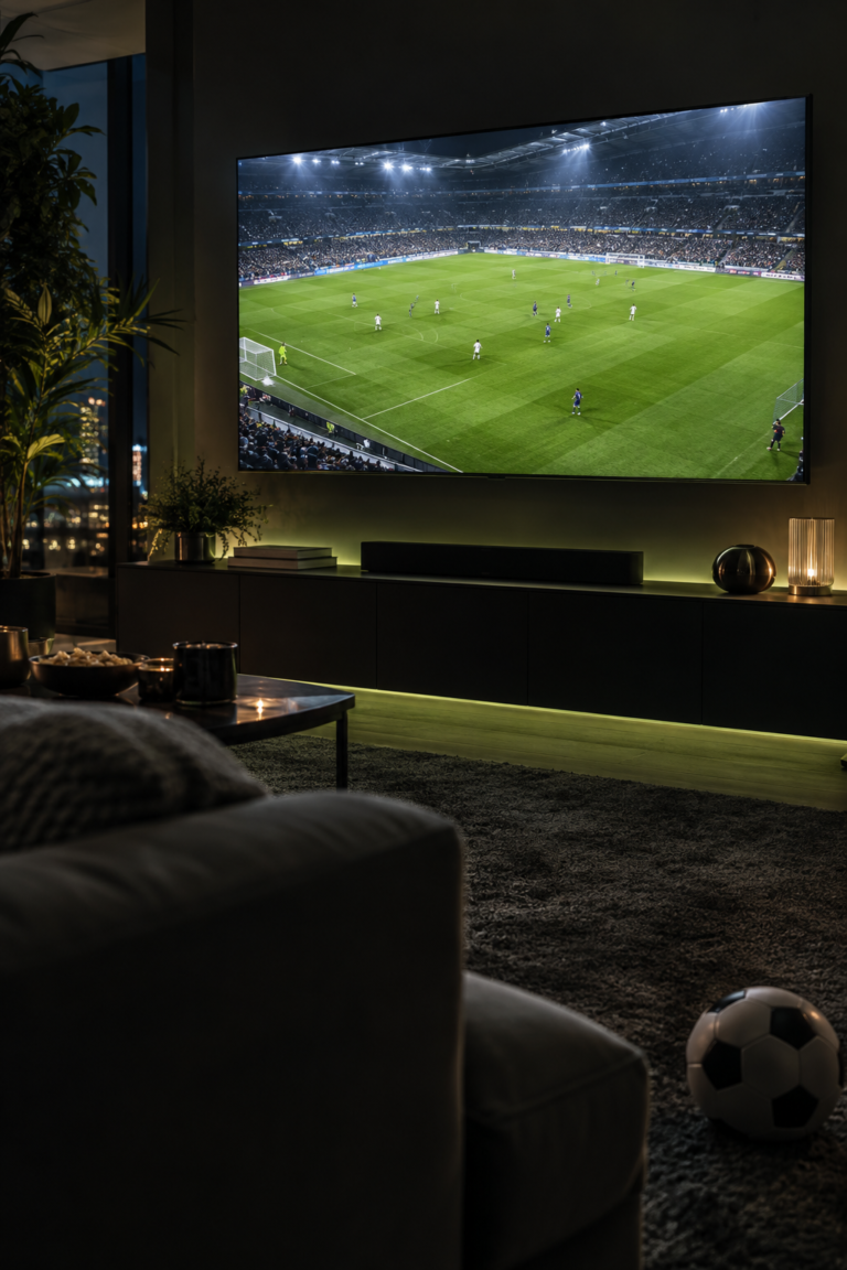 Illustratie van voetbal op televisie in een woonkamer