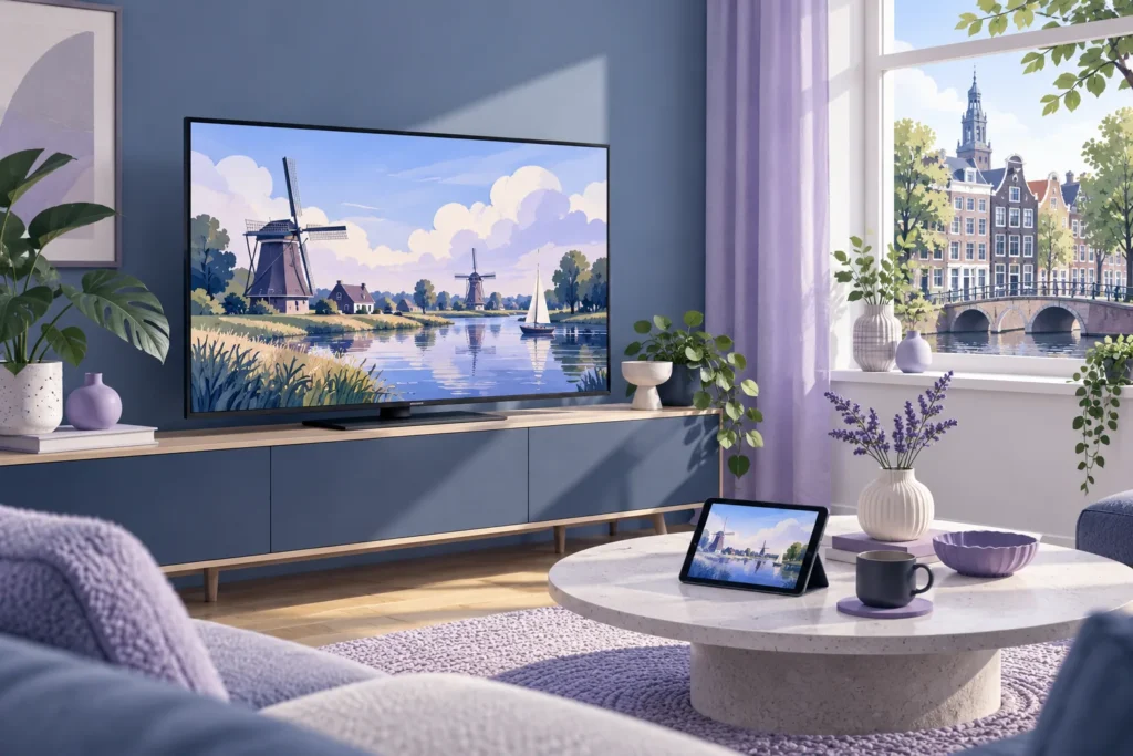 Illustratie van een woonkamer met een televisie en tablet