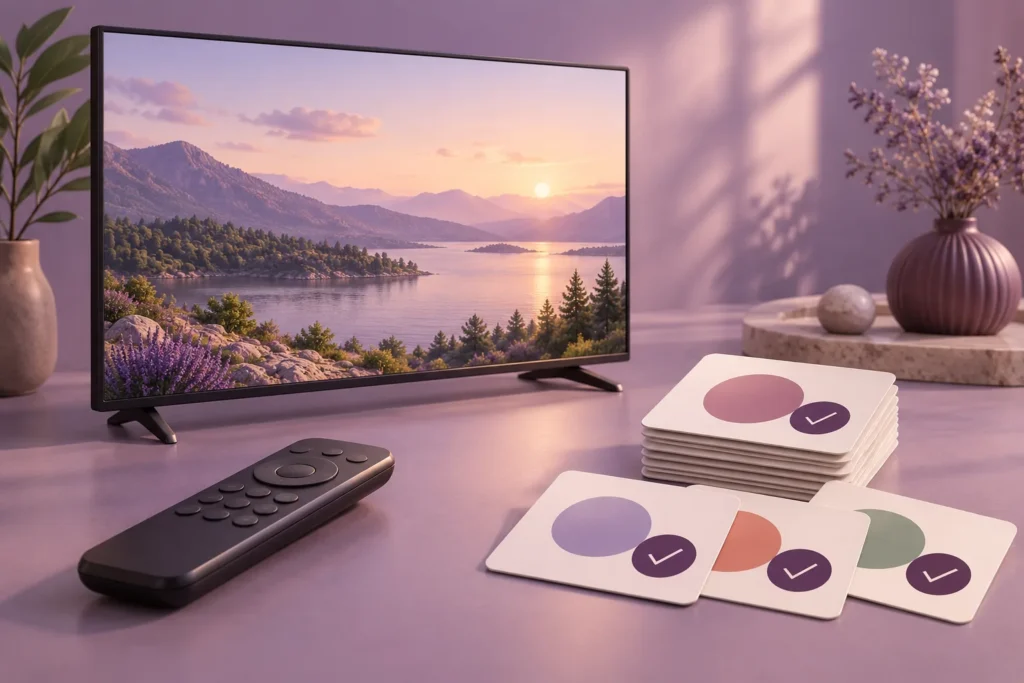 Illustratie van een televisie, afstandsbediening en keuzekaarten
