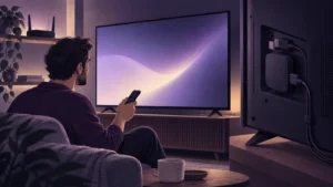 Illustratie van een tv met afstandsbediening, router en apparaataansluitingen
